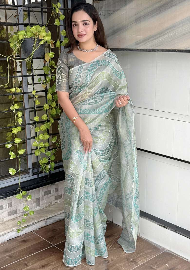 Sky Blue Printed Cotton Blend Saree Set - Indya