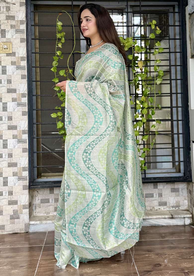 Sky Blue Printed Cotton Blend Saree Set - Indya