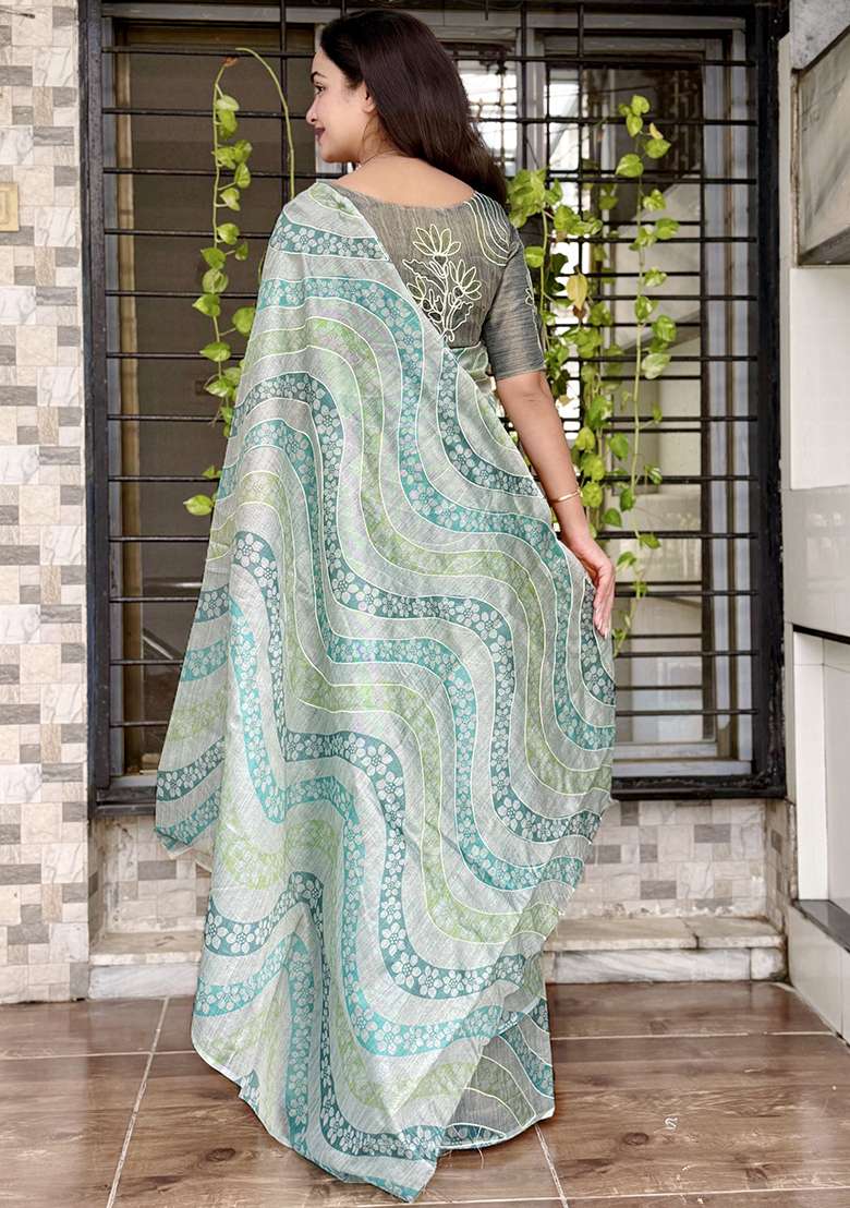 Sky Blue Printed Cotton Blend Saree Set - Indya