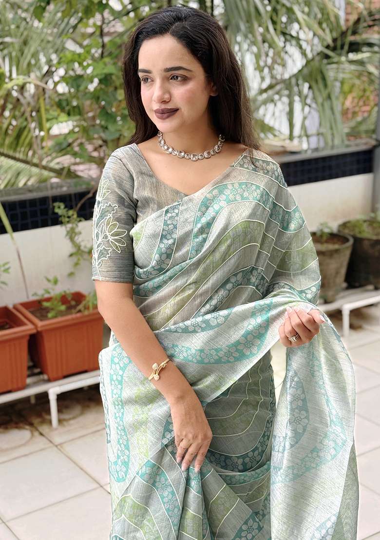 Sky Blue Printed Cotton Blend Saree Set - Indya