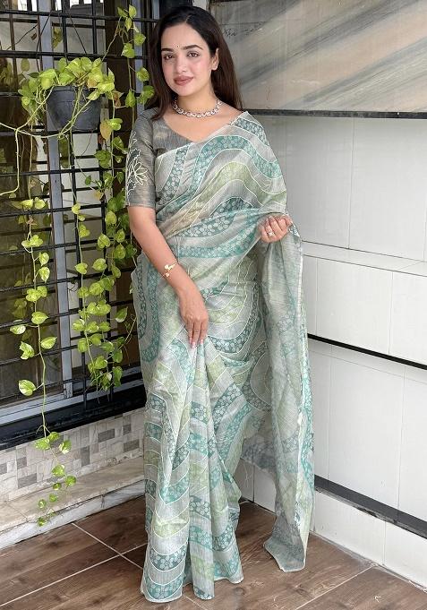 Sky Blue Printed Cotton Blend Saree Set