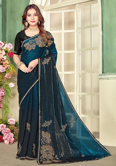 Morpeach Embroidery Silk Saree Set