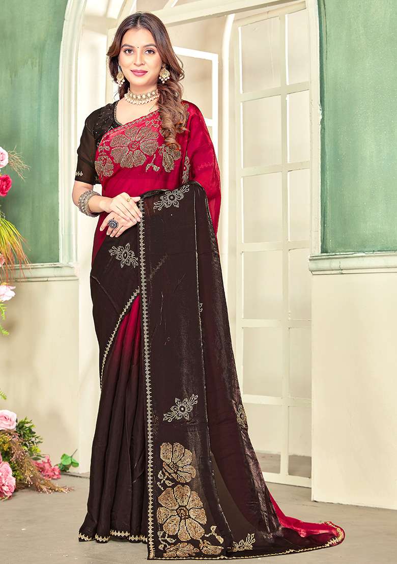 Cherry Silk Blend Saree Set with Embroidery for Diwali | Wedding & Festive Wear - Indya
