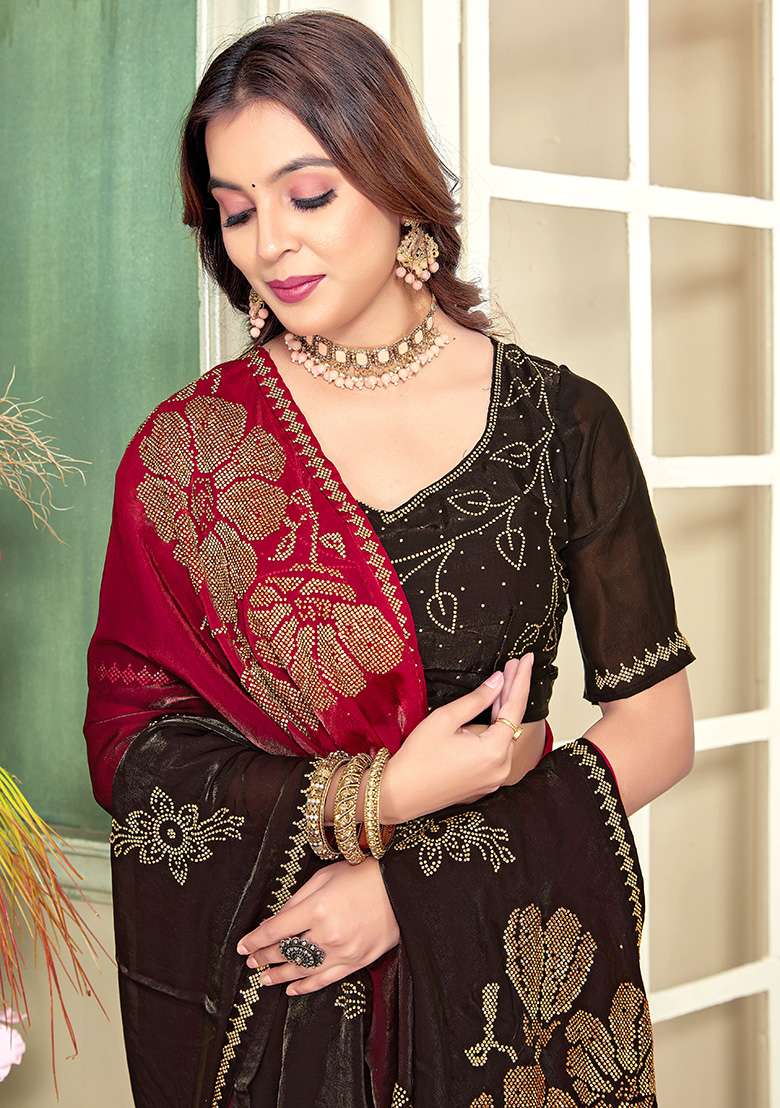 Cherry Silk Blend Saree Set with Embroidery for Diwali | Wedding & Festive Wear - Indya