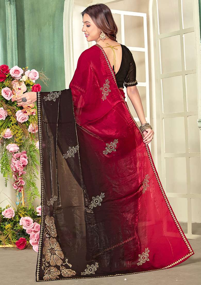 Cherry Silk Blend Saree Set with Embroidery for Diwali | Wedding & Festive Wear - Indya