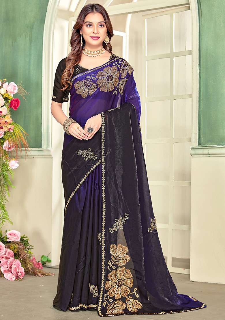 Purple Embroidery Silk Blend Saree Set for Diwali and Festive Wear - Indya