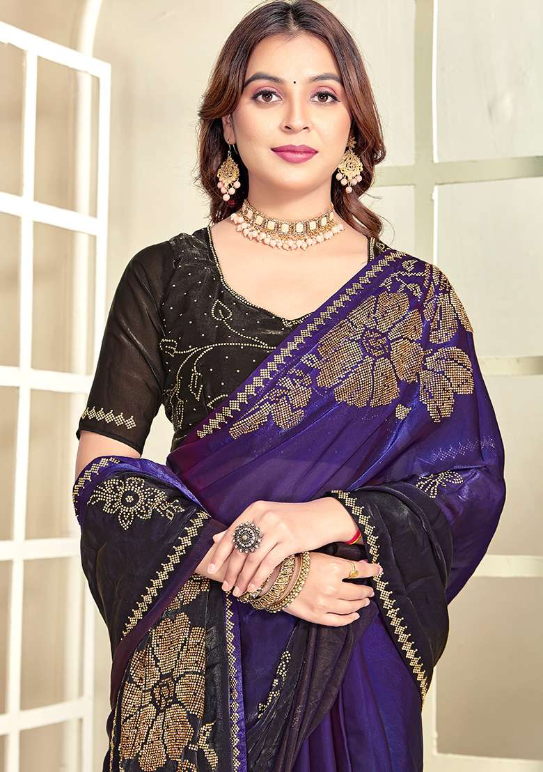 Purple Embroidery Silk Blend Saree Set for Diwali and Festive Wear - Indya