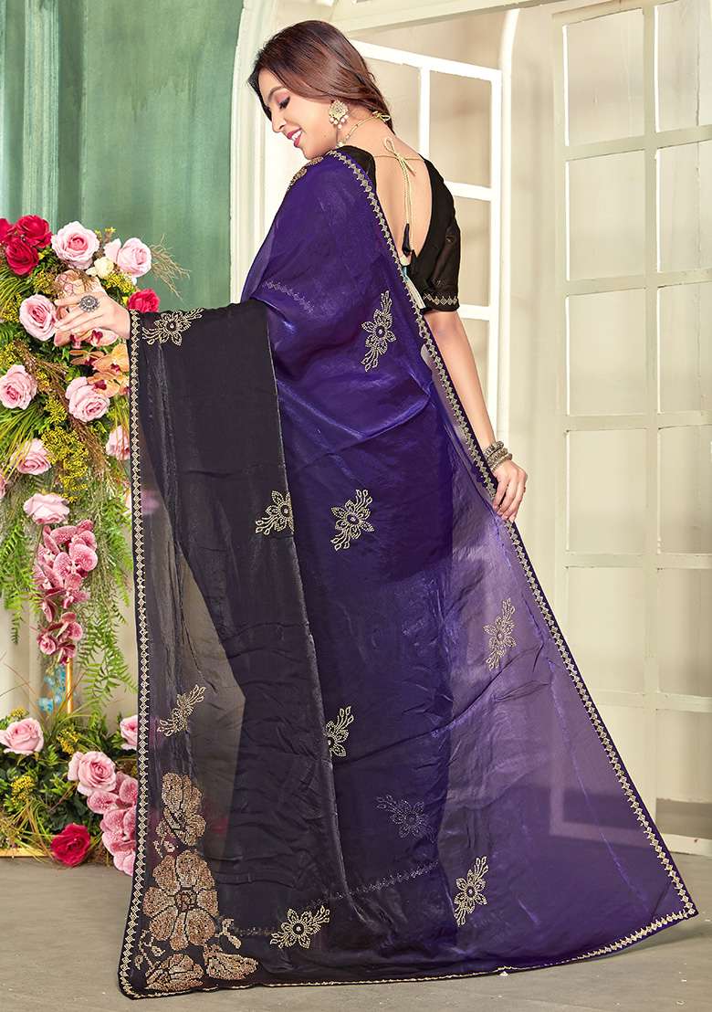 Purple Embroidery Silk Blend Saree Set for Diwali and Festive Wear - Indya