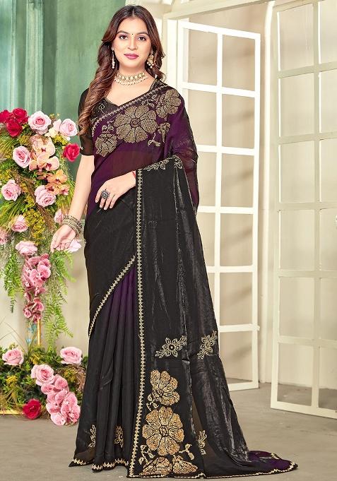 Wine Embroidery Silk Saree Set