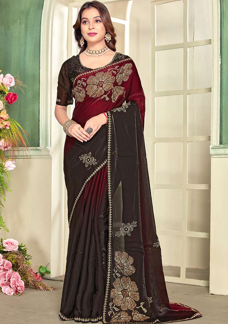 Marron Silk Saree Set with Embroidery for Diwali | Wedding & Festive Wear - Indya
