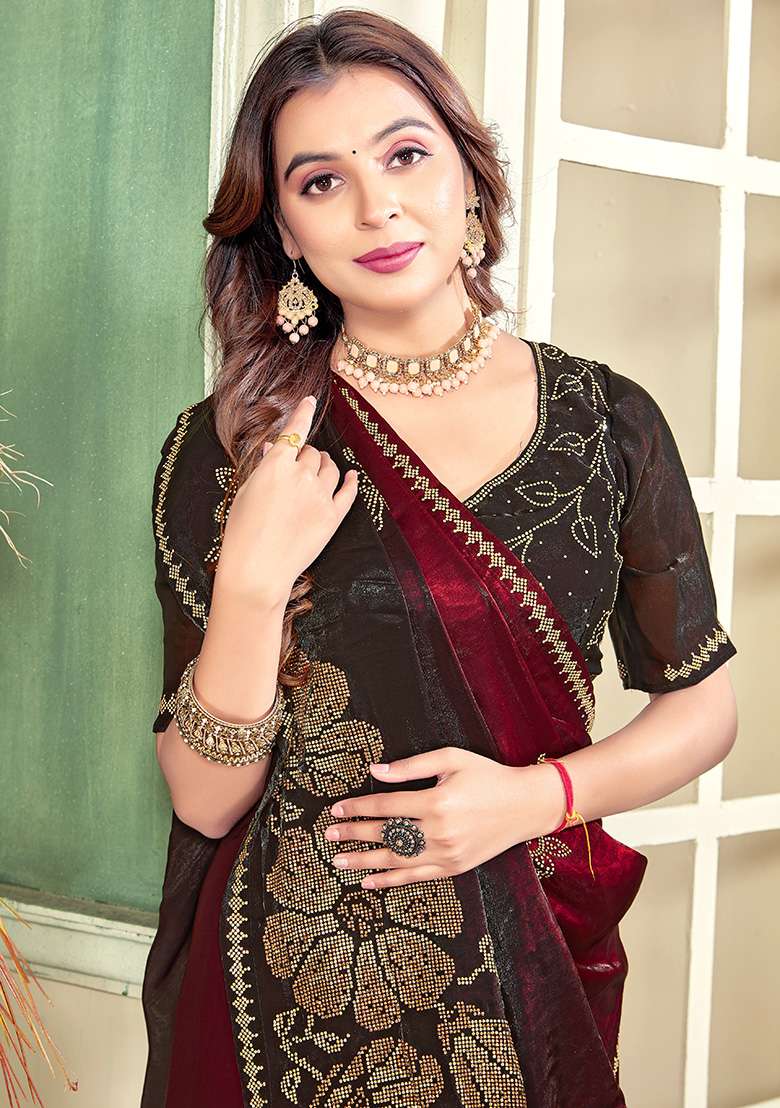 Marron Silk Saree Set with Embroidery for Diwali | Wedding & Festive Wear - Indya