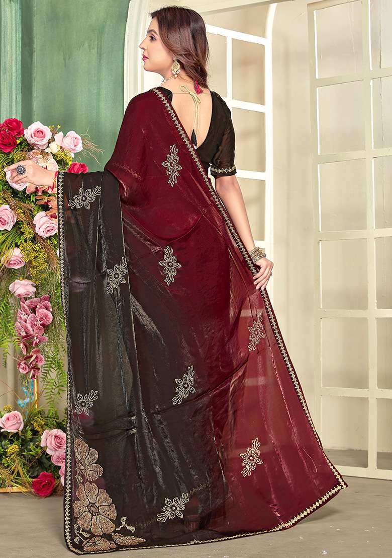Marron Silk Saree Set with Embroidery for Diwali | Wedding & Festive Wear - Indya
