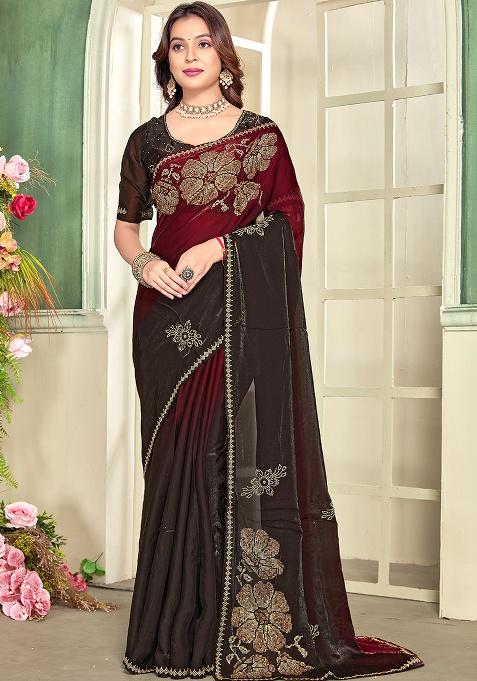 Marron Embroidery Silk Saree Set
