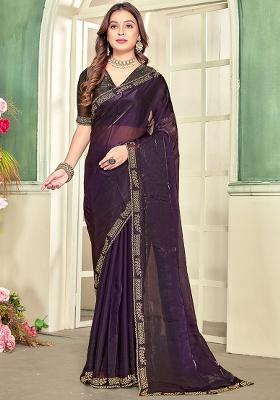 Purple Embroidery Silk Saree Set