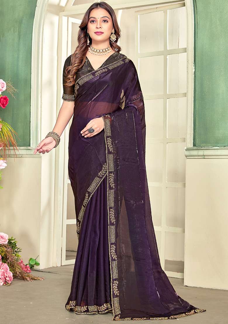 Purple Silk Blend Saree Set with Embroidery for Diwali | Wedding & Festive Wear - Indya