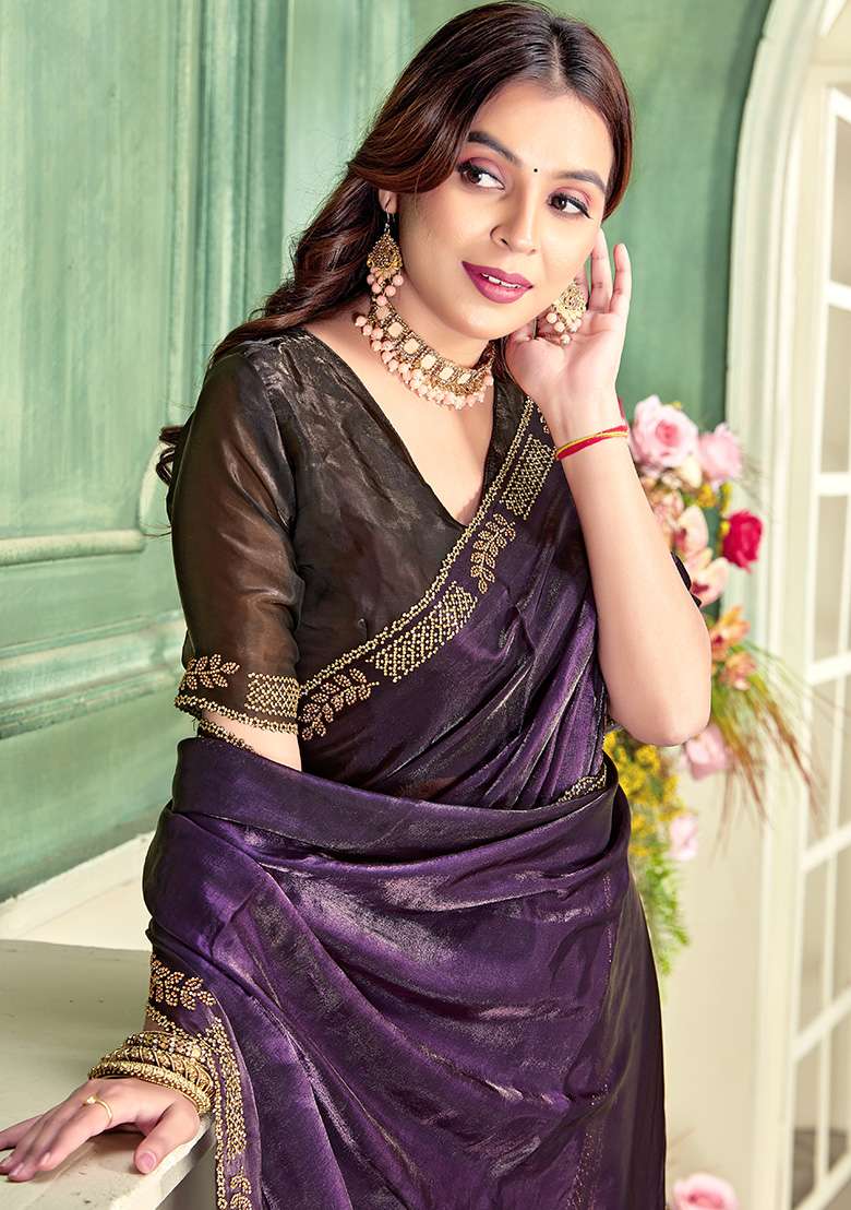 Purple Silk Blend Saree Set with Embroidery for Diwali | Wedding & Festive Wear - Indya