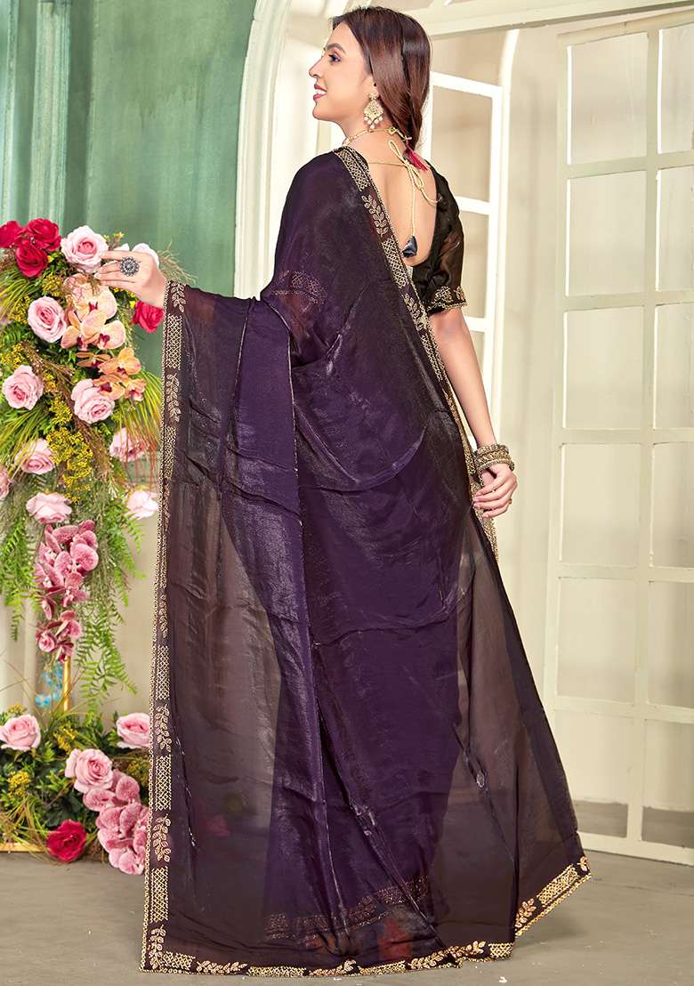 Purple Silk Blend Saree Set with Embroidery for Diwali | Wedding & Festive Wear - Indya