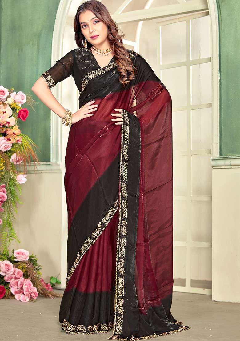 Marron Embroidery Silk Blend Saree Set for Diwali and Festive Wear - Indya