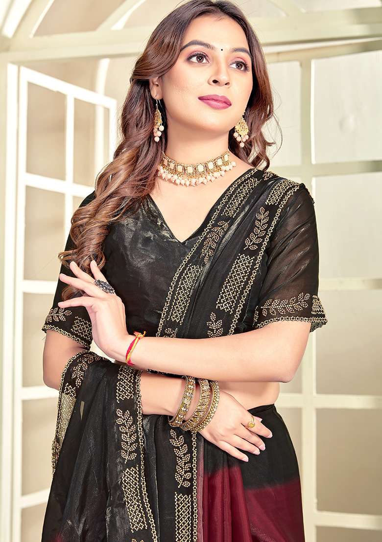 Marron Embroidery Silk Blend Saree Set for Diwali and Festive Wear - Indya