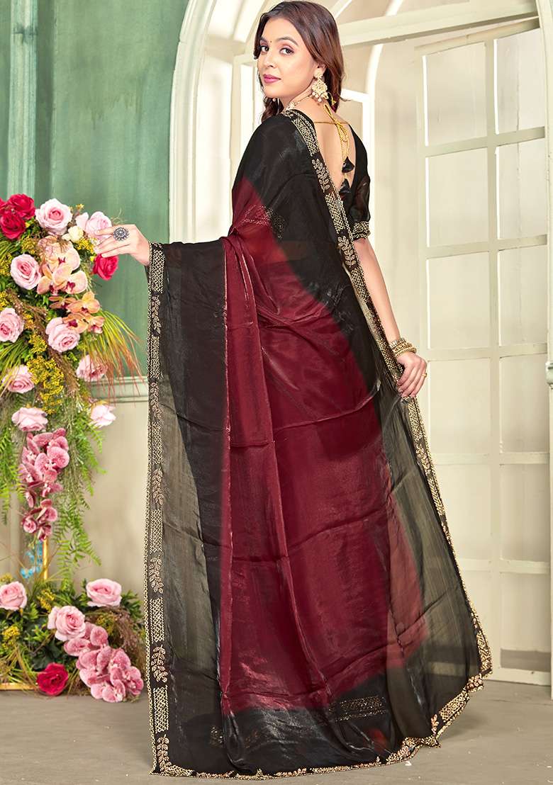Marron Embroidery Silk Blend Saree Set for Diwali and Festive Wear - Indya
