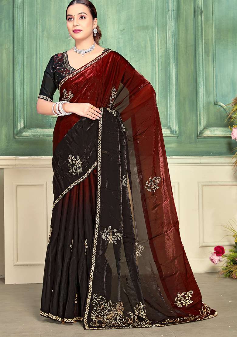 Marron Silk Blend Saree Set with Embroidery for Diwali | Wedding & Festive Wear - Indya