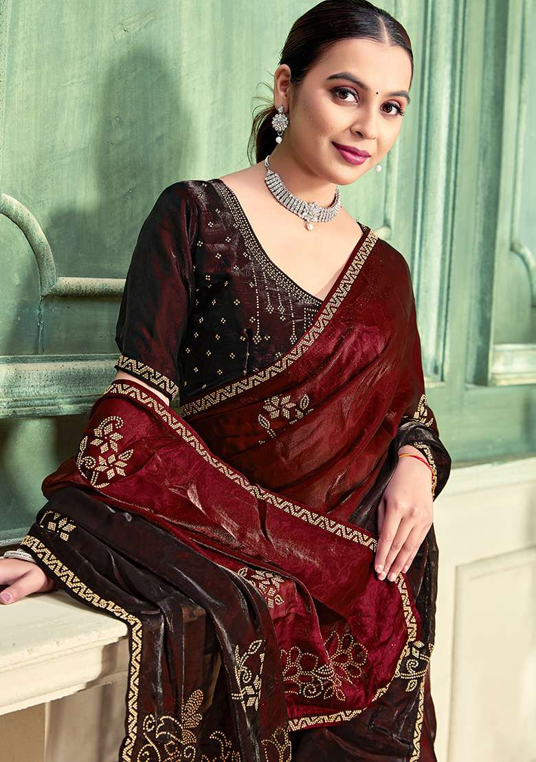 Marron Silk Blend Saree Set with Embroidery for Diwali | Wedding & Festive Wear - Indya