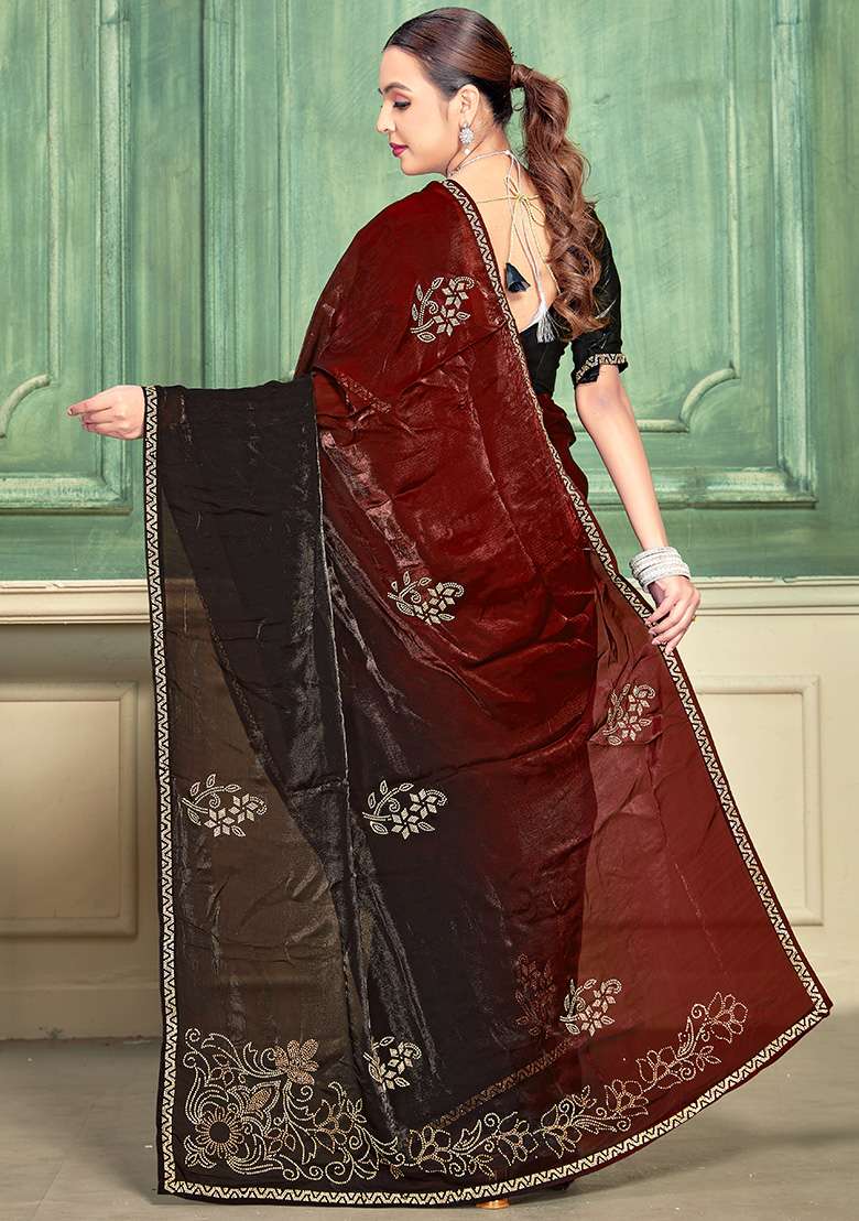 Marron Silk Blend Saree Set with Embroidery for Diwali | Wedding & Festive Wear - Indya
