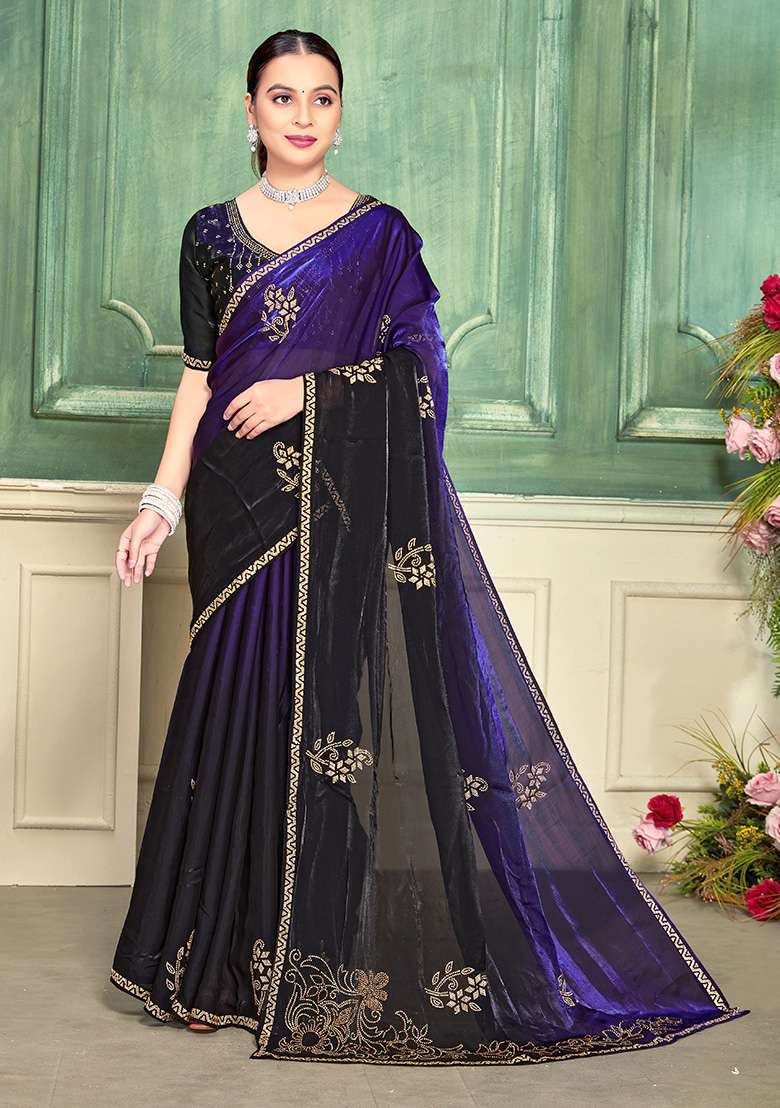 Purple Embroidery Silk Blend Saree Set for Diwali and Festive Wear - Indya