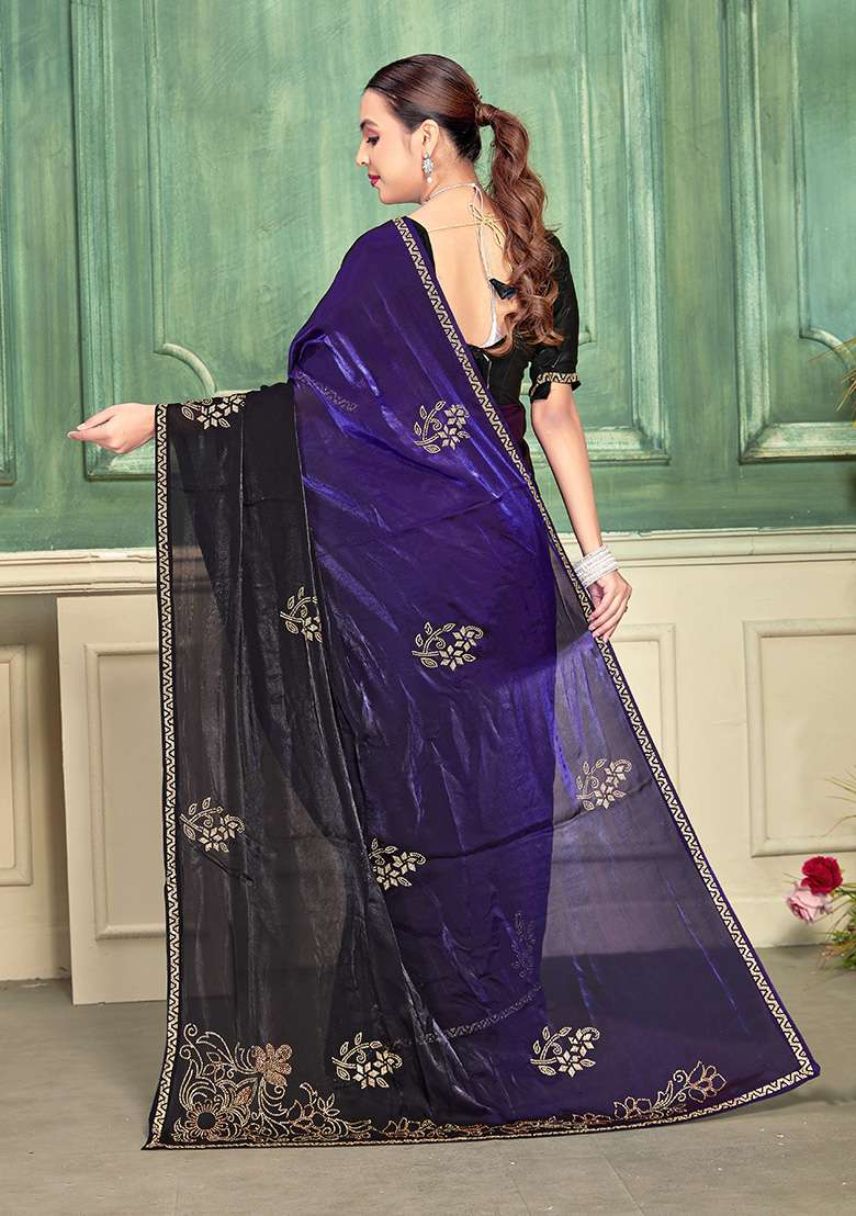 Purple Embroidery Silk Blend Saree Set for Diwali and Festive Wear - Indya