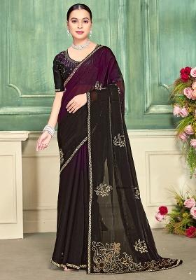 Wine Embroidery Silk Saree Set