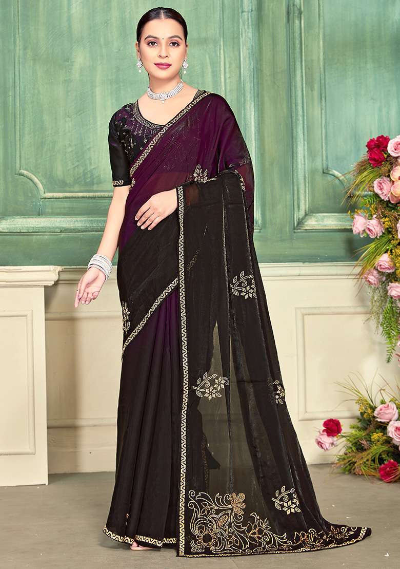 Wine Silk Blend Saree Set with Embroidery for Diwali | Wedding & Festive Wear - Indya