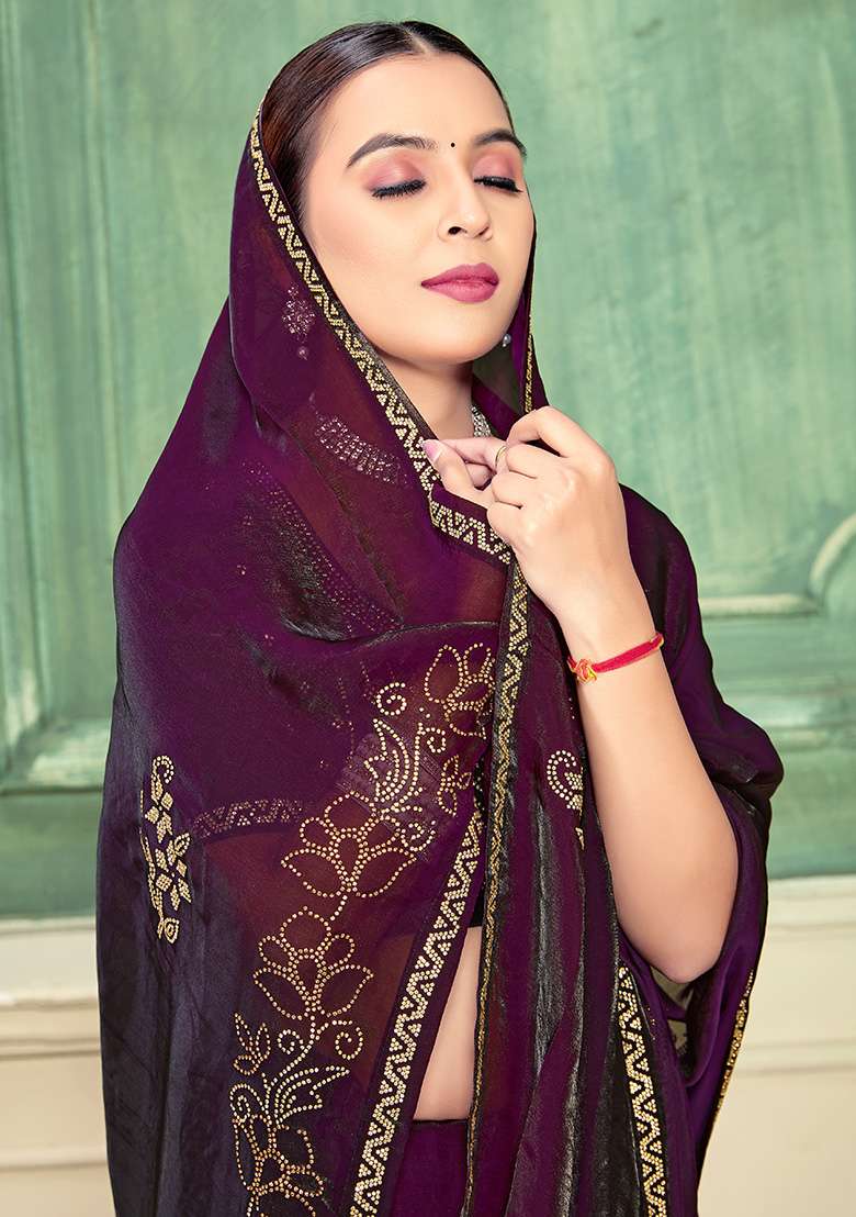 Wine Silk Blend Saree Set with Embroidery for Diwali | Wedding & Festive Wear - Indya