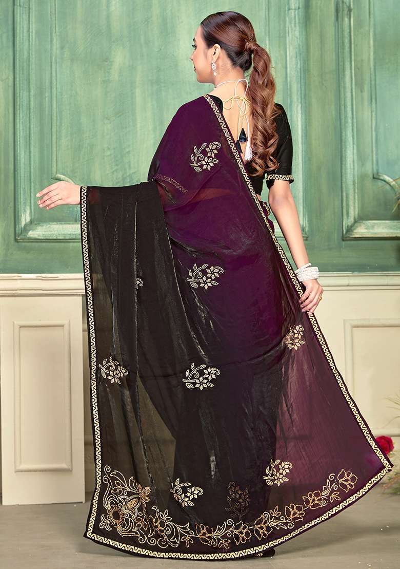 Wine Silk Blend Saree Set with Embroidery for Diwali | Wedding & Festive Wear - Indya