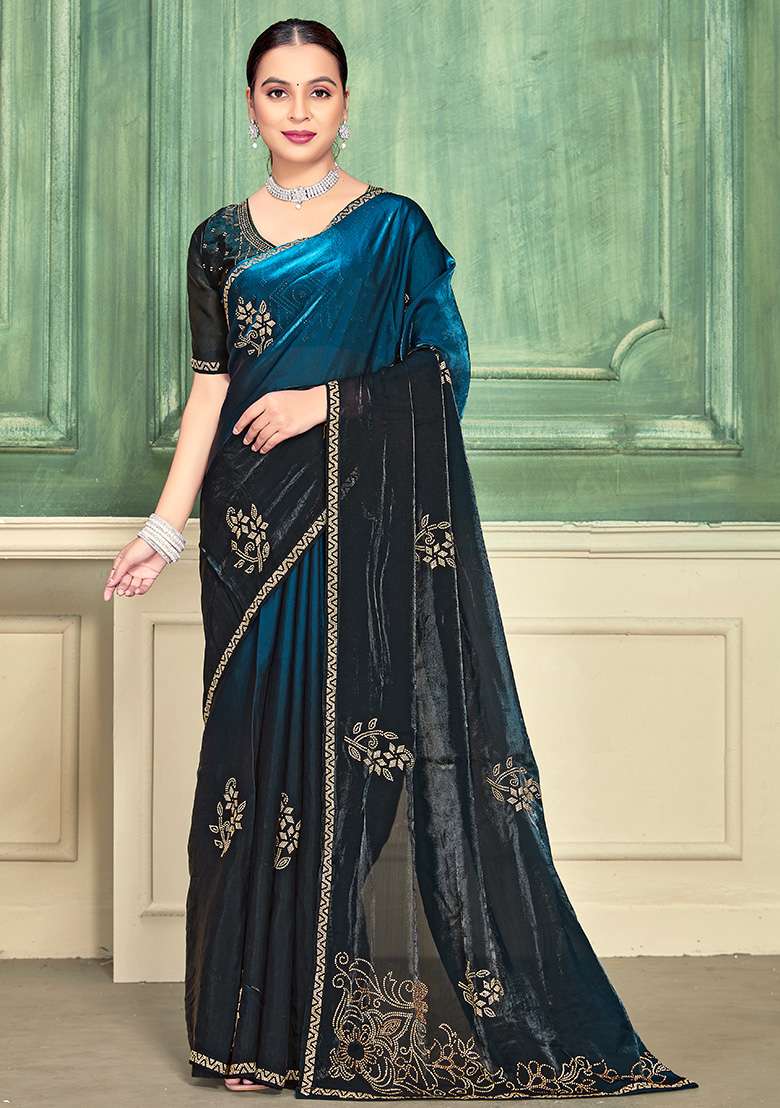 Morpeach Silk Blend Saree Set with Embroidery for Diwali | Wedding & Festive Wear - Indya