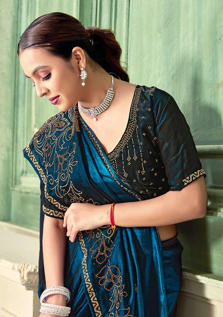 Morpeach Silk Blend Saree Set with Embroidery for Diwali | Wedding & Festive Wear - Indya