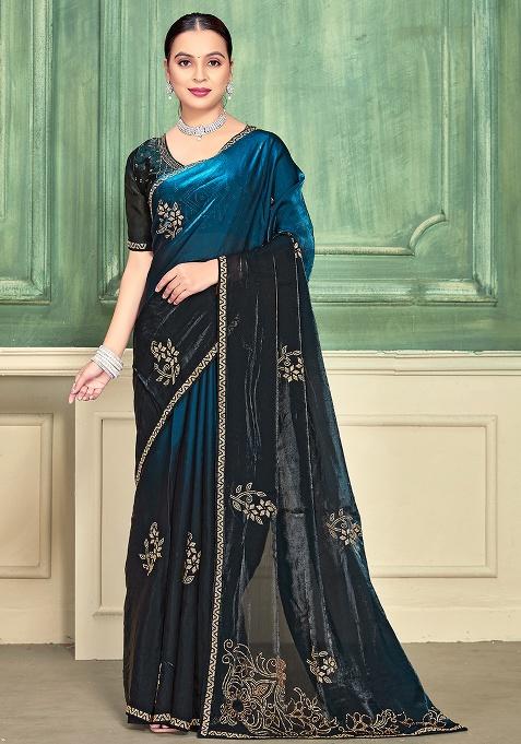 Morpeach Embroidery Silk Saree Set