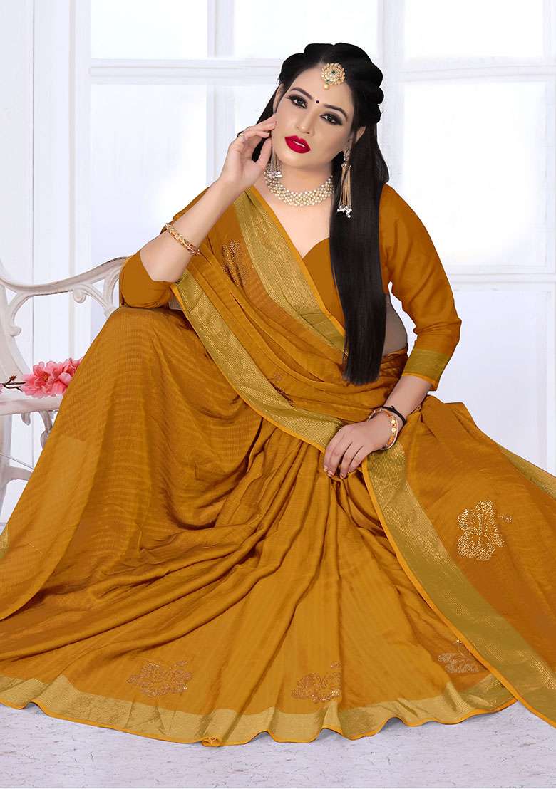 Mustrad Embroidery Silk Blend Saree Set for Diwali and Festive Wear - Indya