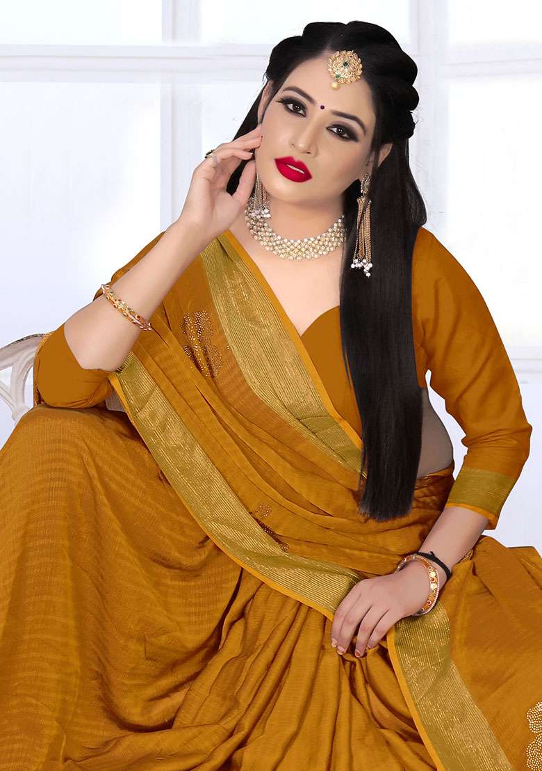 Mustrad Embroidery Silk Blend Saree Set for Diwali and Festive Wear - Indya