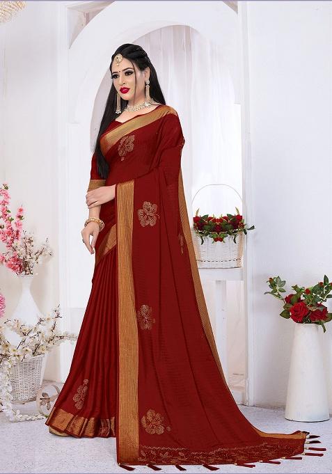 Marron Embroidery Silk Saree Set