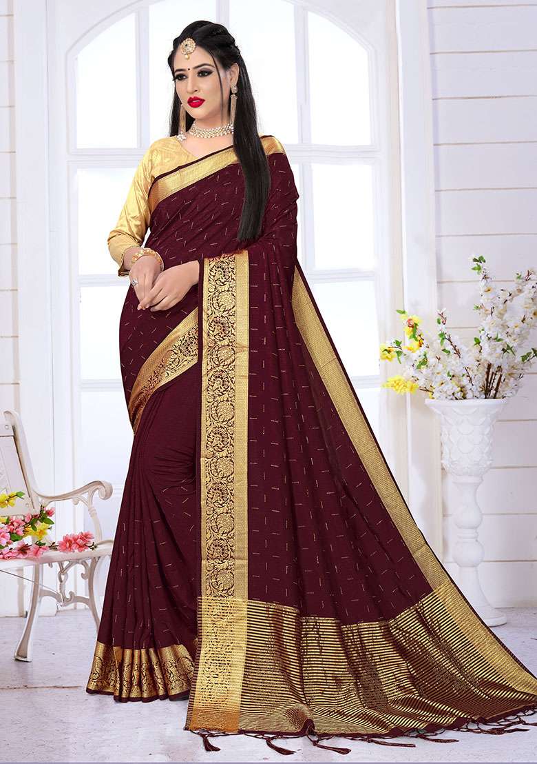 Marron Silk Blend Saree Set with Embroidery for Diwali | Wedding & Festive Wear - Indya