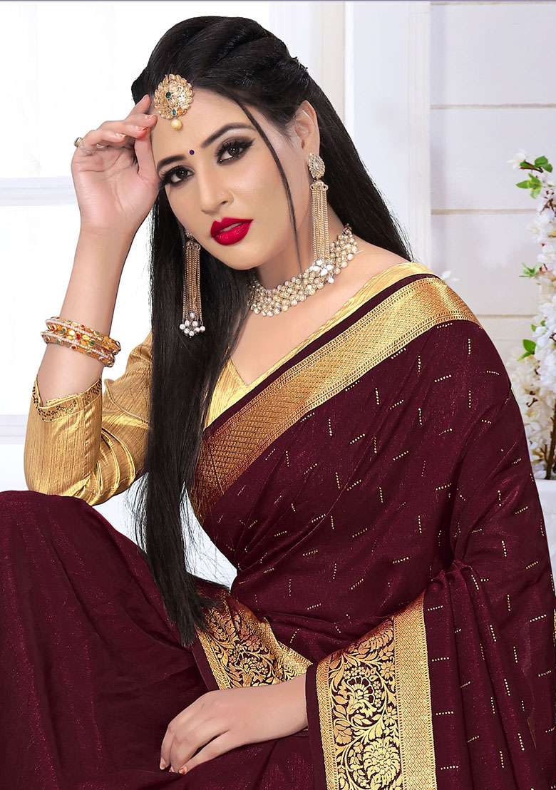 Marron Silk Blend Saree Set with Embroidery for Diwali | Wedding & Festive Wear - Indya