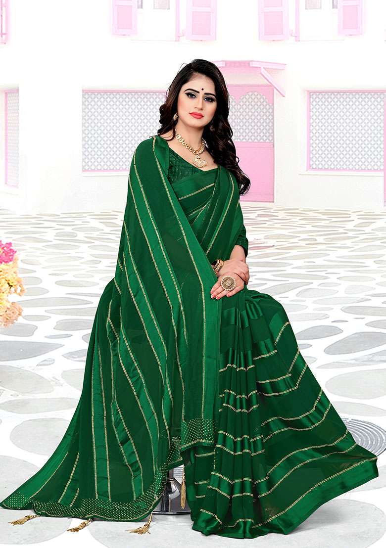 Bottel Green Georgette Saree Set with Embroidery for Diwali | Wedding & Festive Wear - Indya