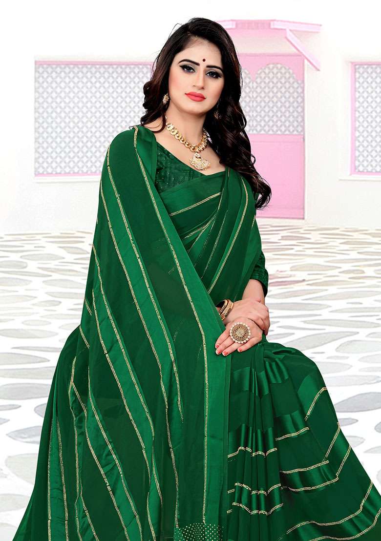 Bottel Green Georgette Saree Set with Embroidery for Diwali | Wedding & Festive Wear - Indya