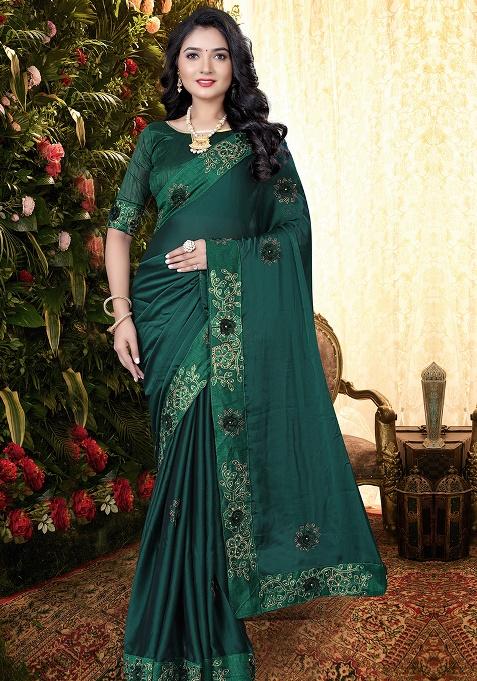 Bottel Green Embroidery Silk Saree Set