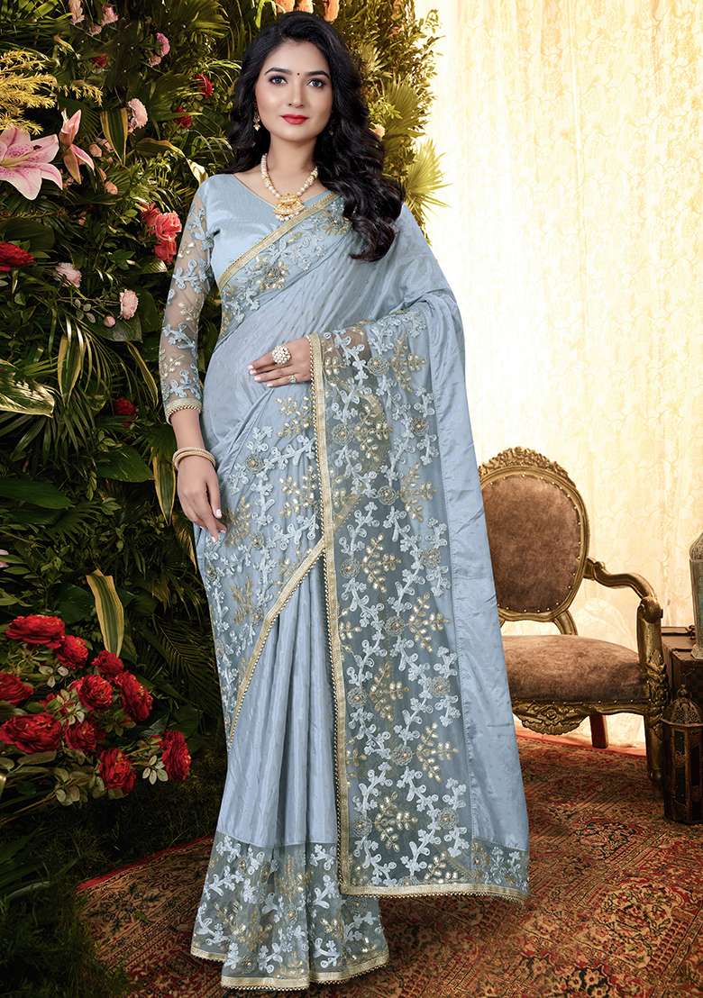 Grey Silk Blend Saree Set with Embroidery for Diwali | Wedding & Festive Wear - Indya
