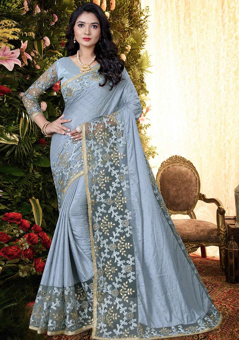 Grey Silk Blend Saree Set with Embroidery for Diwali | Wedding & Festive Wear - Indya