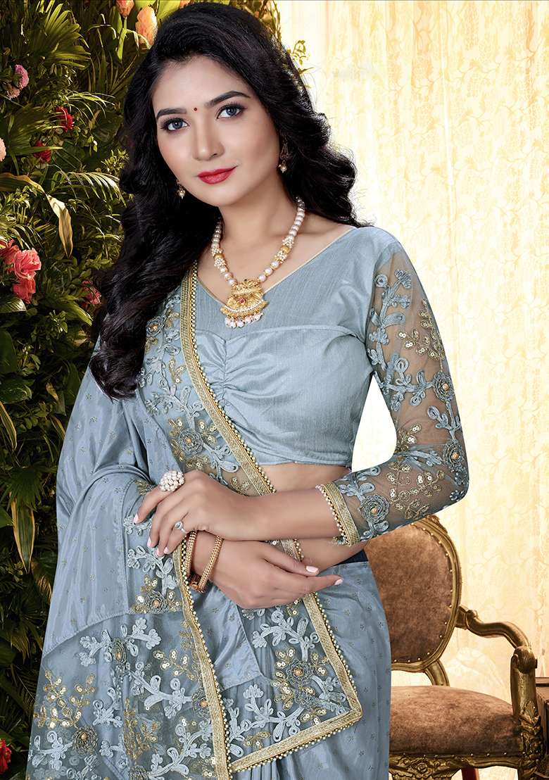Grey Silk Blend Saree Set with Embroidery for Diwali | Wedding & Festive Wear - Indya