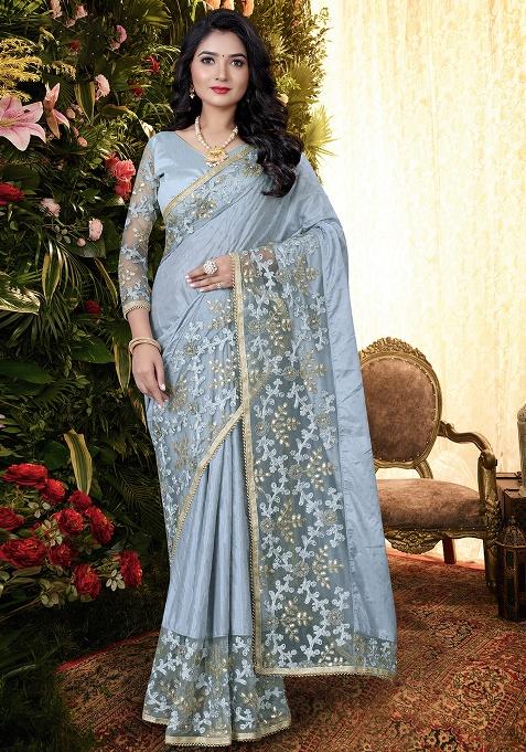 Grey Embroidery Silk Saree Set