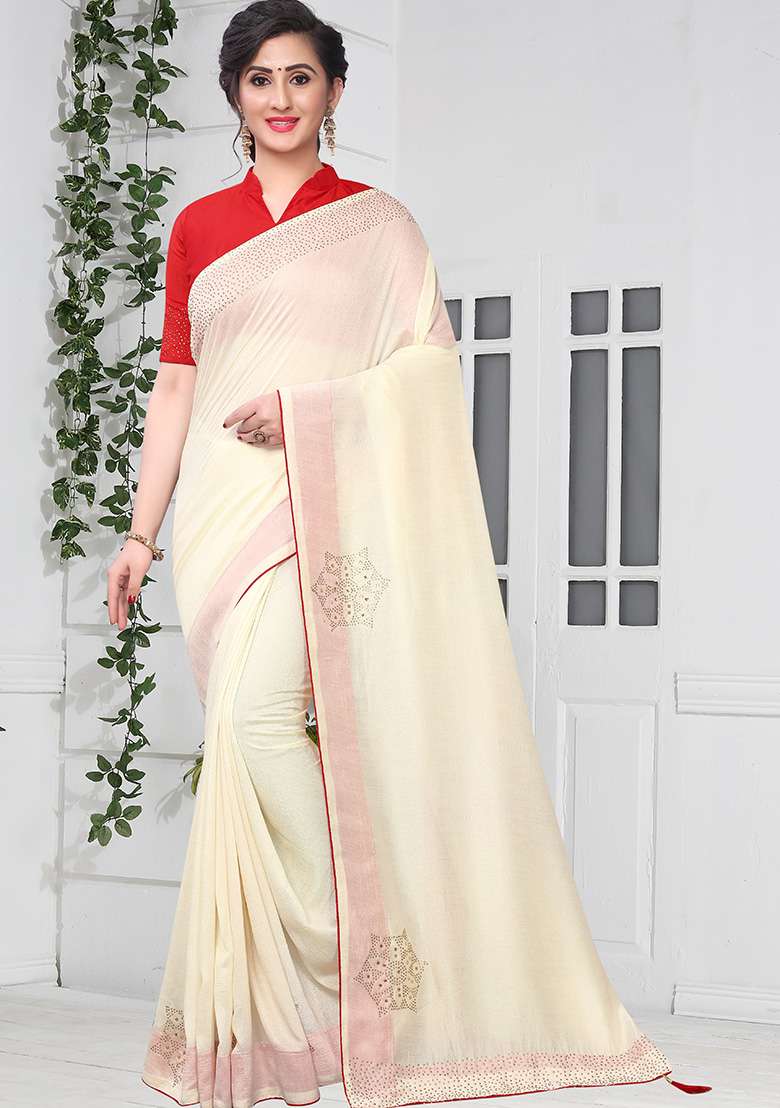Cream Embroidery Silk Blend Saree Set for Diwali and Festive Wear - Indya