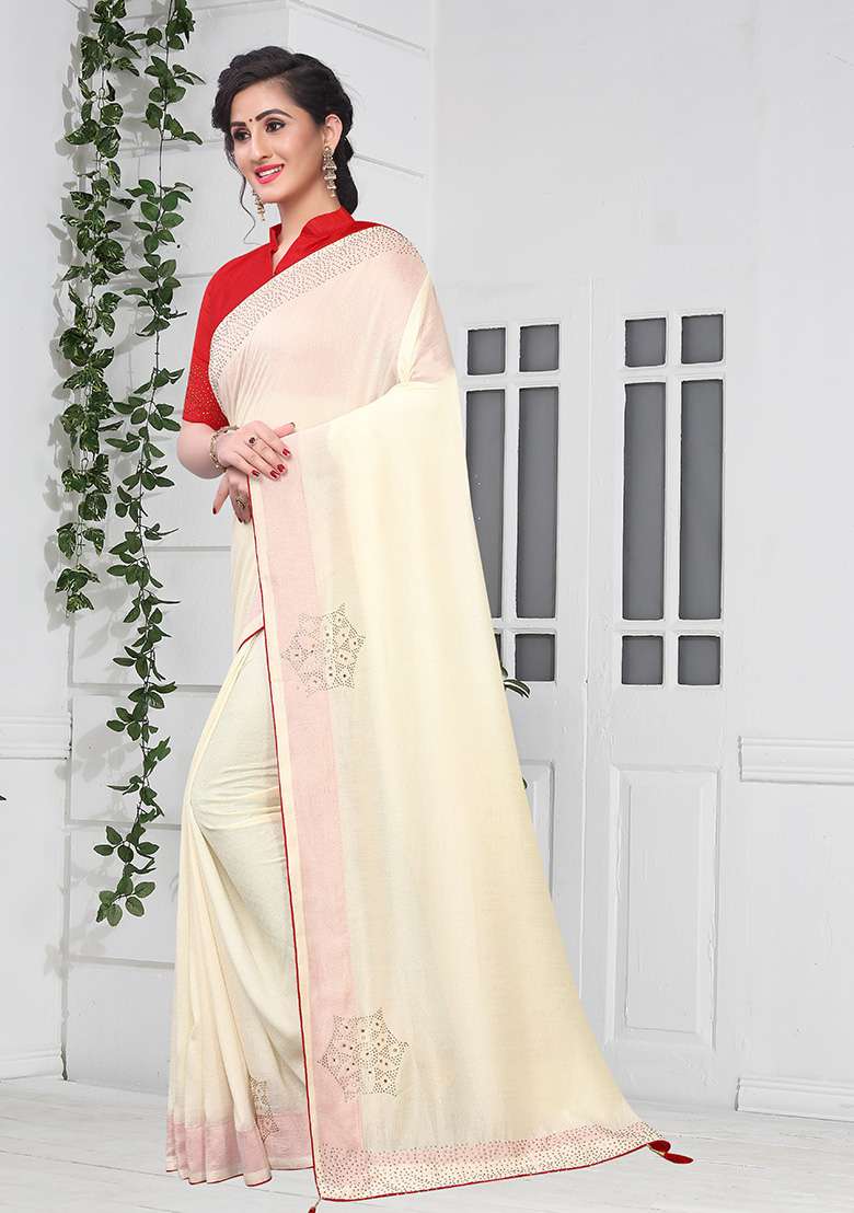Cream Embroidery Silk Blend Saree Set for Diwali and Festive Wear - Indya